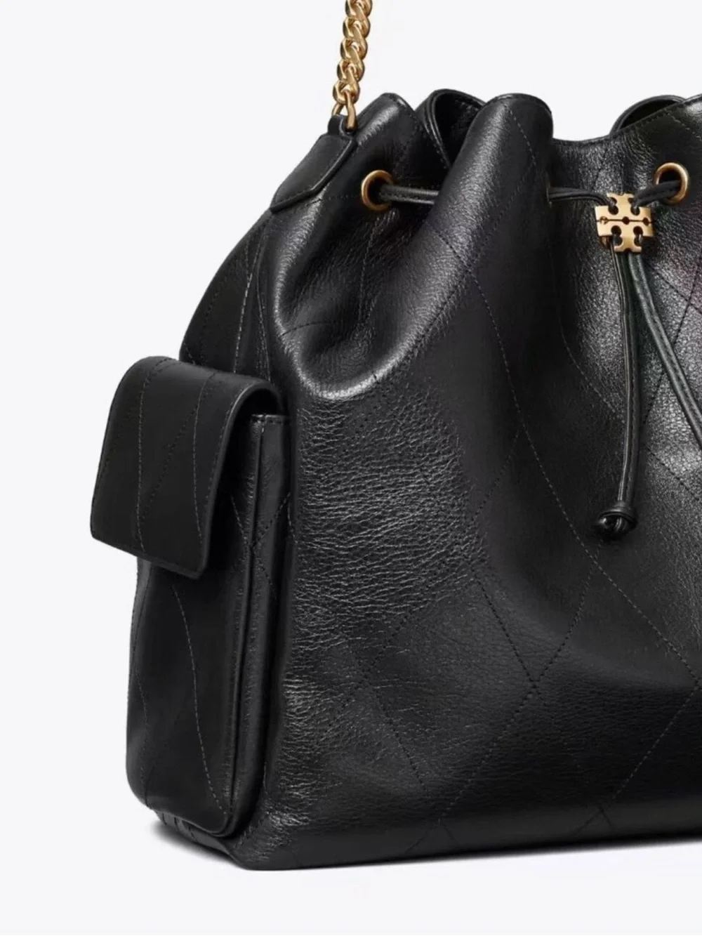 Tory Burch Small size Black Leather Drawstring Hobo with Gold Chain Strap